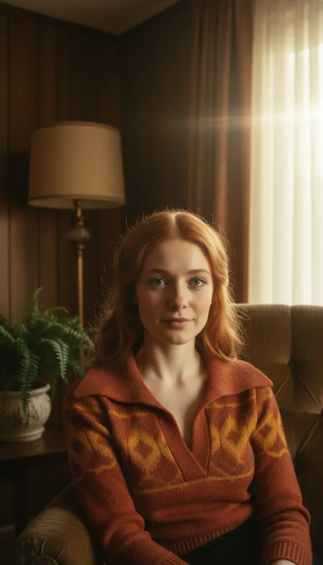 ’70s film portrait sample, made from an AI-generated face (not a real person).