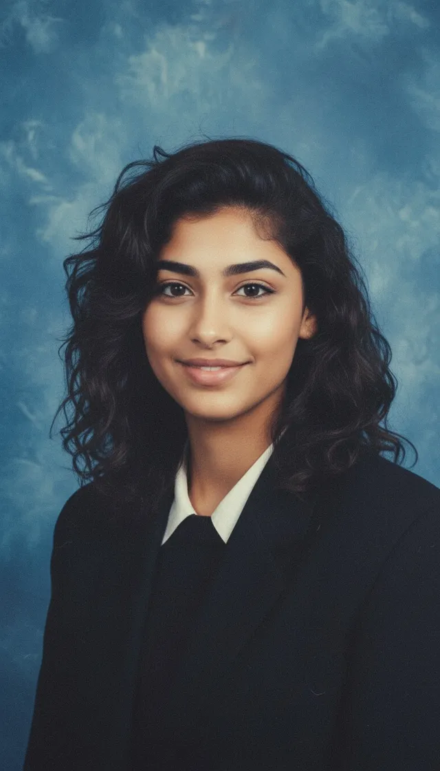 ’90s yearbook sample, made from an AI-generated face (not a real person).
