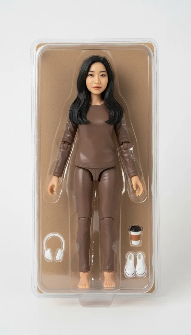 Action figure box sample, made from an AI-generated face (not a real person).