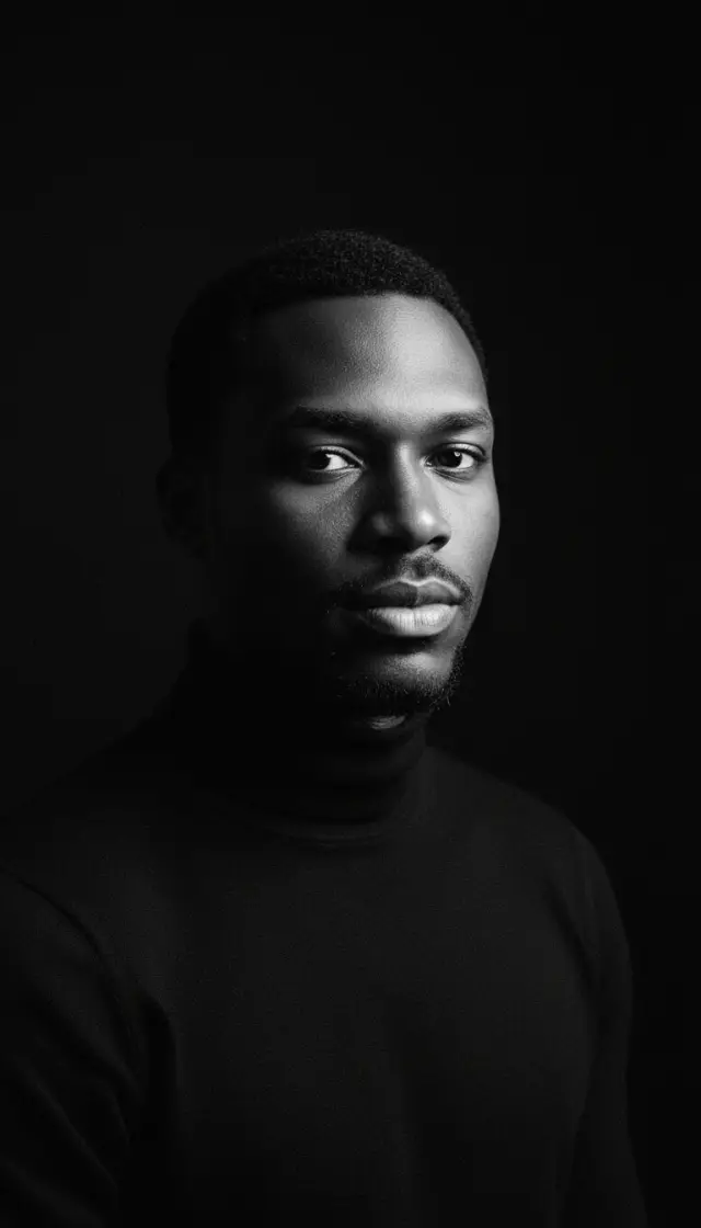 Black and white portrait sample, made from an AI-generated face (not a real person).