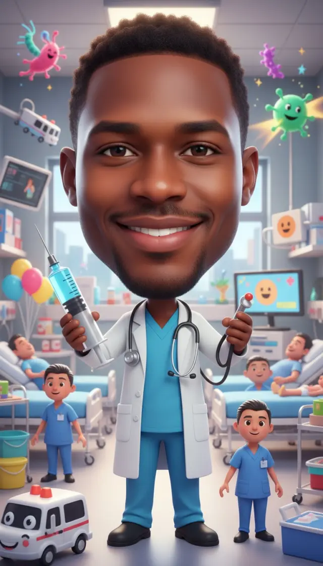 Job caricature sample (job: nurse), made from an AI-generated face (not a real person).