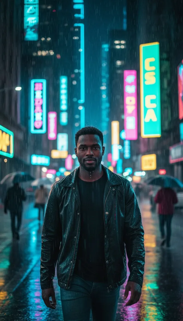 Neon night walk sample, made from an AI-generated face (not a real person).