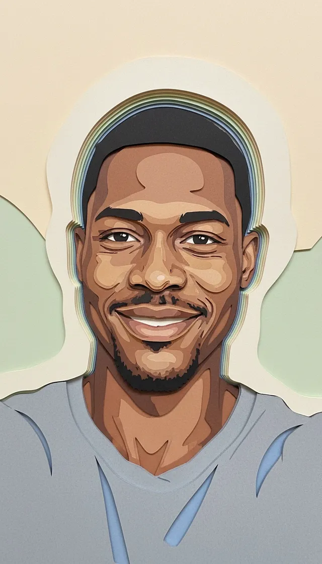 Paper-cut portrait sample, made from an AI-generated face (not a real person).