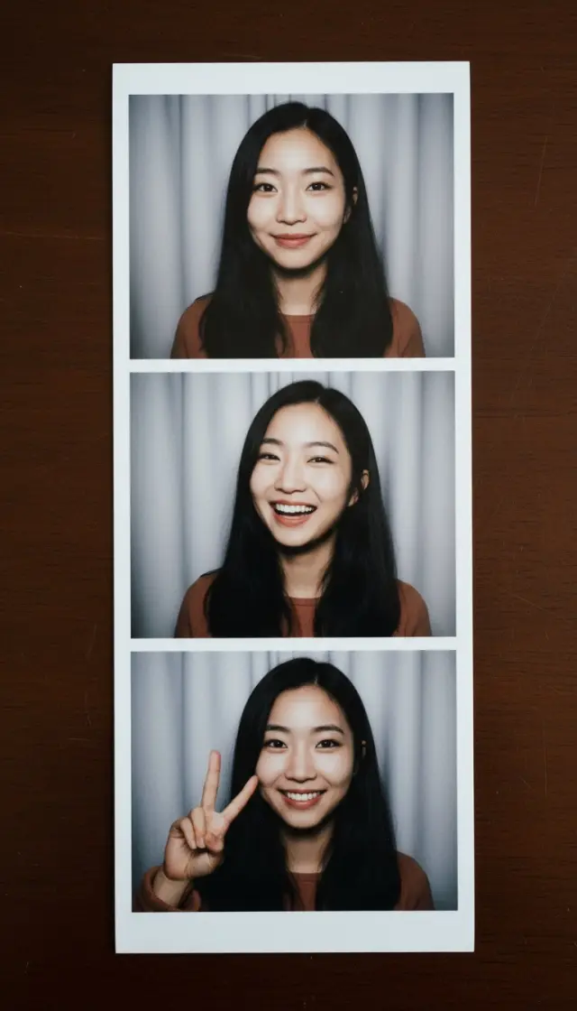 Photo booth strip sample, made from an AI-generated face (not a real person).